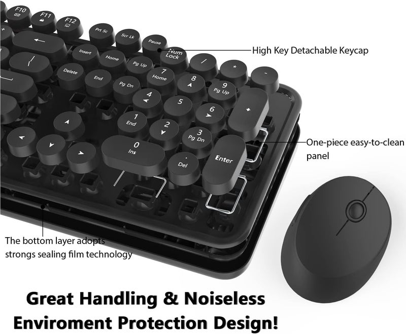 Kootop Wireless Keyboard and Mouse, Cute Black Keyboard and Mouse, 2.4G Wireless Keyboard with Retro Round Keycap for PC, Mac, Laptop,Tablet,Computer Windows (Black) - Image 3
